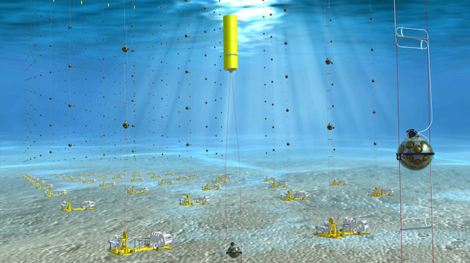 121324_ec_underwater-neutrino-telescopes_inline1 An illustration shows an underwater view of a yellow rod extending below the ocean's surface toward the seafloor